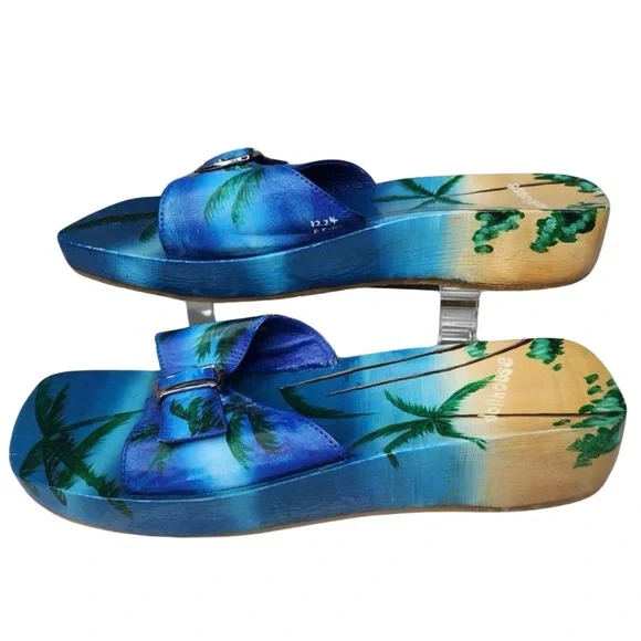 Dollhouse Wooden Wedge Slides Slip-On Sandals Shoes Tropical Leather Size 9 - Picture 2 of 12